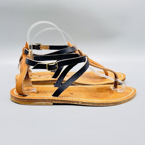 K Jacques St Tropez Sandals Womens EU 39 US 8.5 9 Tan Black Leather Strappy Flat - Picture 1 of 12